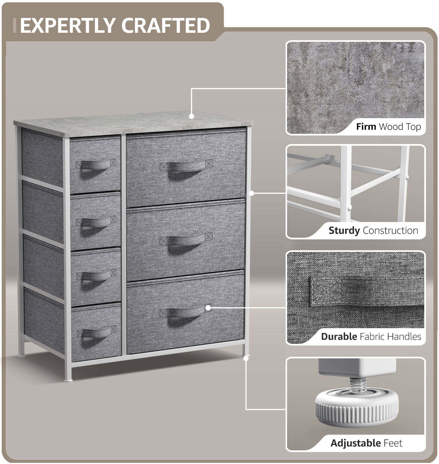 EXPERTLY CRAFTED

- Firm Wood Top
- Sturdy Construction
- Durable Fabric Handles
- Adjustable Feet