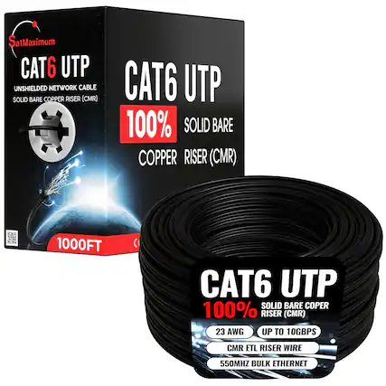 SatMaximum CAT6 UTP Unshielded Network Cable Solid Bare Copper Riser (CMR) 1000FT (CAT6 UTP Solid Bare Copper 100% Riser (CMR) 23 AWG Up to 10GBPS CMR ETL Riser Wire 550MHz Bulk Ethernet