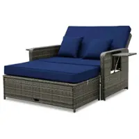 Costway Wicker Loveseat Sofa Set Patio Rattan Daybed with Ottoman & Retractable Side Tray - Mix Gray,Navy - Front_Zoom