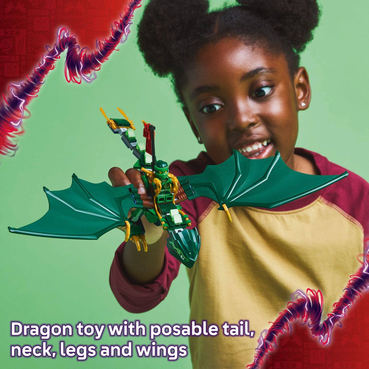 Dragon toy with posable tail, neck, legs, and wings.