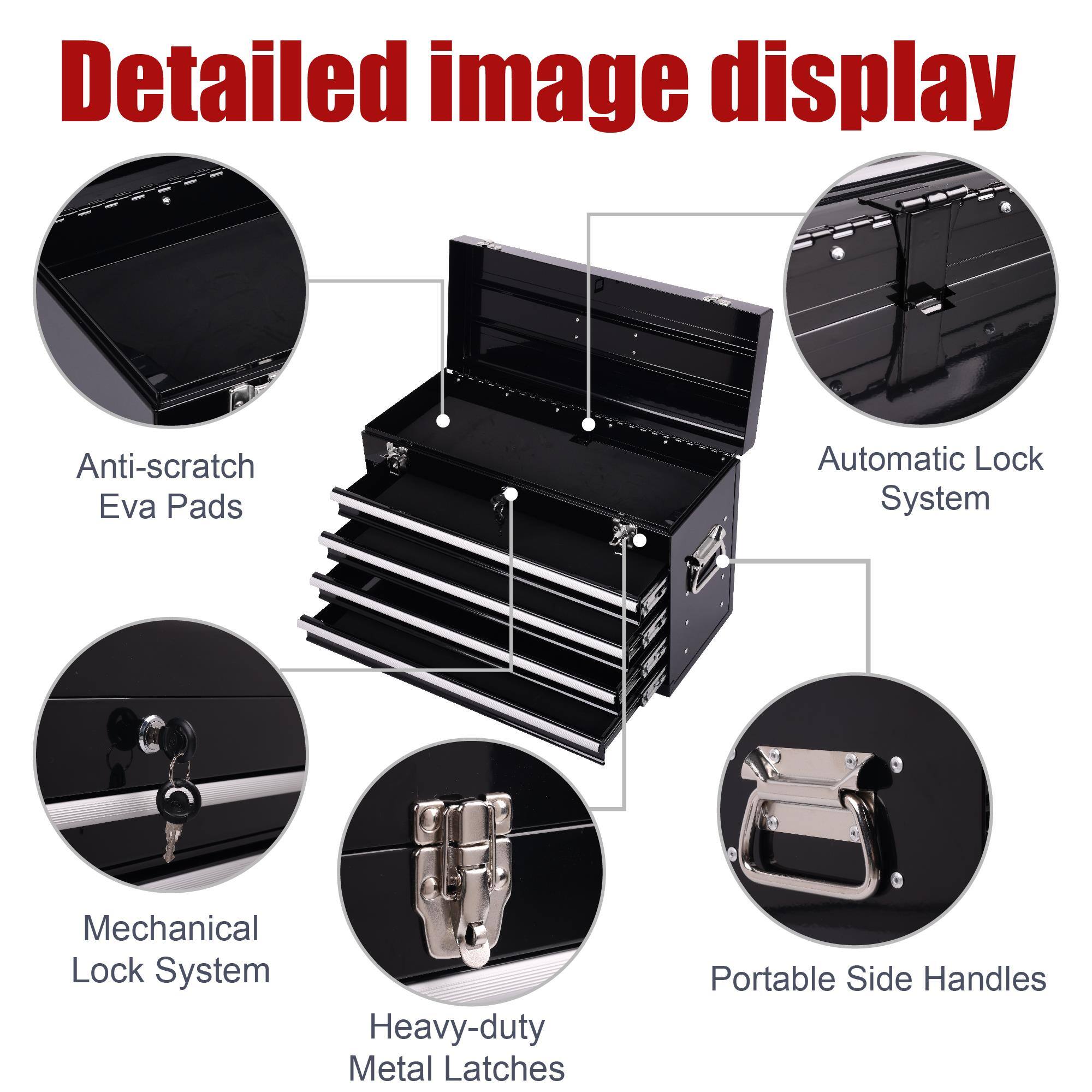 Detailed image display

- Anti-scratch Eva Pads
- Automatic Lock System
- Mechanical Lock System
- Heavy-duty Metal Latches
- Portable Side Handles
