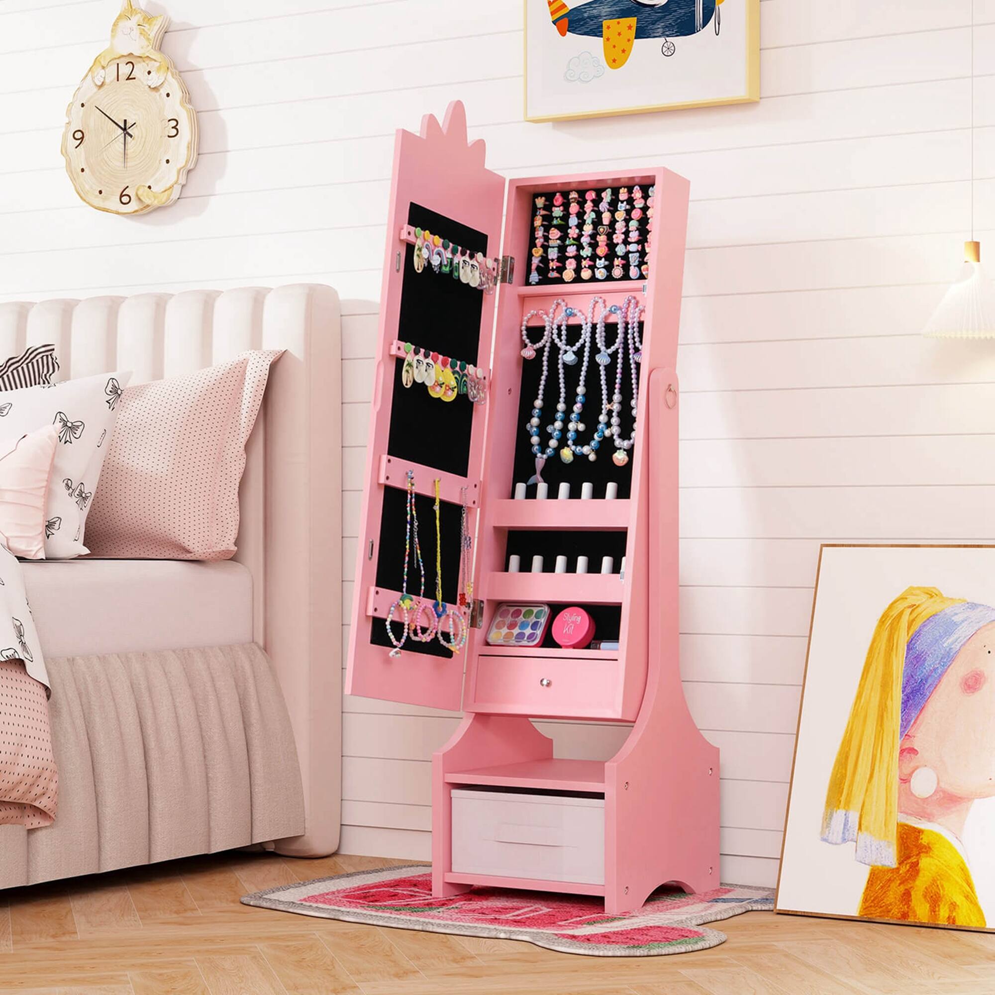 Alt View 1. Costway - Costway Kids Jewelry Cabinet with Full-Length Mirror Drawer 2 Adjustable Tilt Angles - Pink.