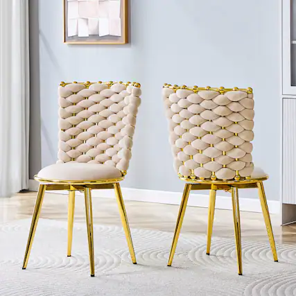 Front. Loheer - Loheer Dining Chairs Set of 2 Velvet Woven Back Dining Chairs with Gold Metal Legs for Dining Room 1.75 ft - Beige.