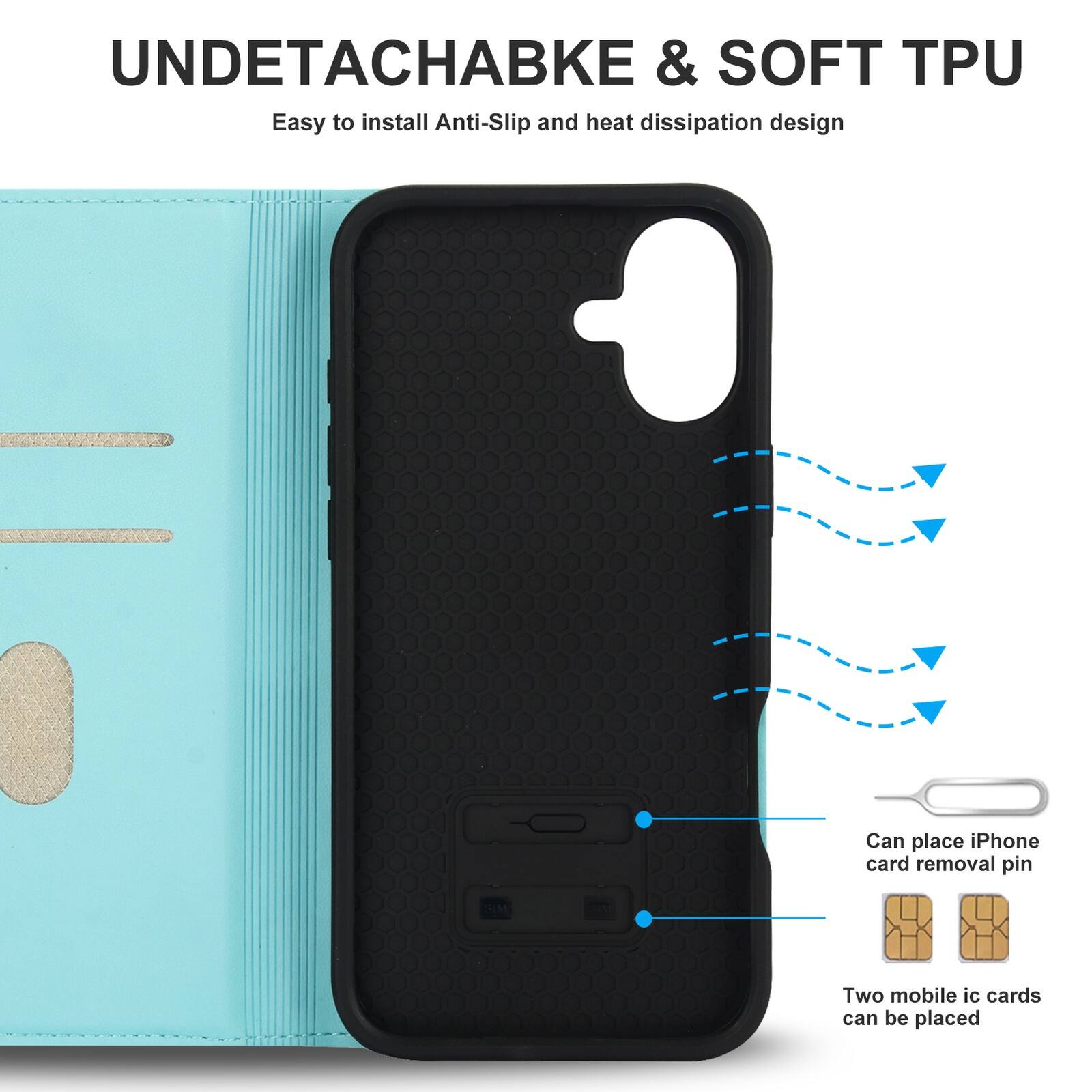 UNDETACHABLE & SOFT TPU  
Easy to install Anti-Slip and heat dissipation design  
Can place iPhone card removal pin  
Two mobile ic cards can be placed