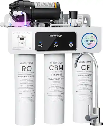 **Waterdrop RO Reverse Osmosis Membrane Filter**
- Model: WD-RT-450RO
- Compatible model: WD-RT34-WCA, WD-RT34-WMI, WD-RT44D-WDD, WD-RNHD
- Filter life time: Up to 24 months
**Reset After Replacement:**
1. Press and hold the sign for 7 seconds until the system beeps, and the indicator light starts to flash.
2. Turn on faucet to flush for 30 minutes.
**Waterdrop CBM Activated Carbon Filter Mineral**
- Model: WD-RT-CBM
- Compatible model: WD-RT34-WMA
- Filter life time: Up to 10 months
**Reset After Replacement:**
1. Press and hold the sign for 7 seconds until the system beeps, and the indicator light starts to flash.
2. Turn on faucet to flush for 15 minutes.
**Waterdrop CF Pre-sediment and Carbon Block Filter**
- Model: WD-RT-CF
- Compatible model: WD-RT34-WCA, WD-RT34-WWA, WD-RT44D-WDD, WD-RN