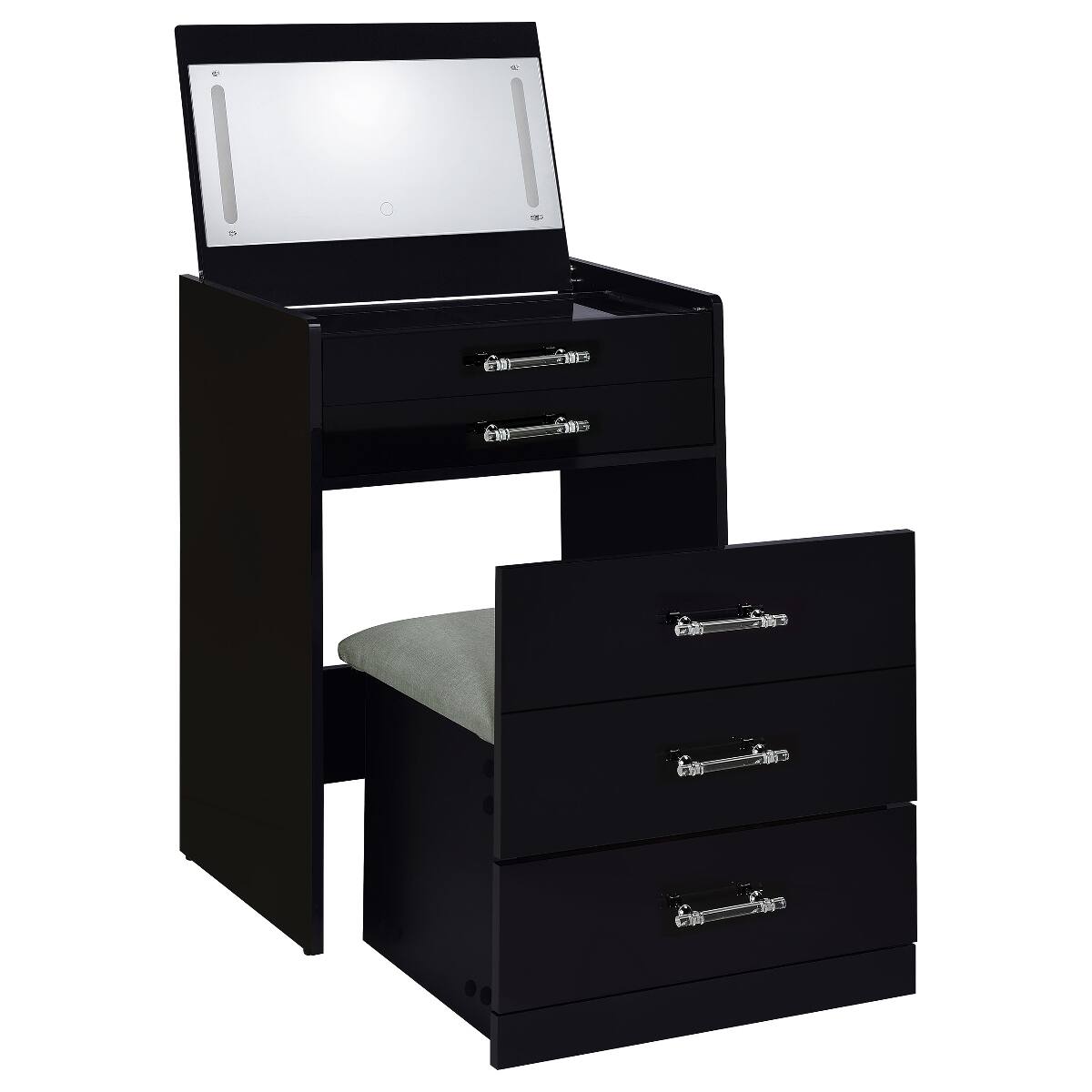 Back. Loheer - Loheer Black High Gloss Makeup Vanity Set with Mirror and Stool - Black.