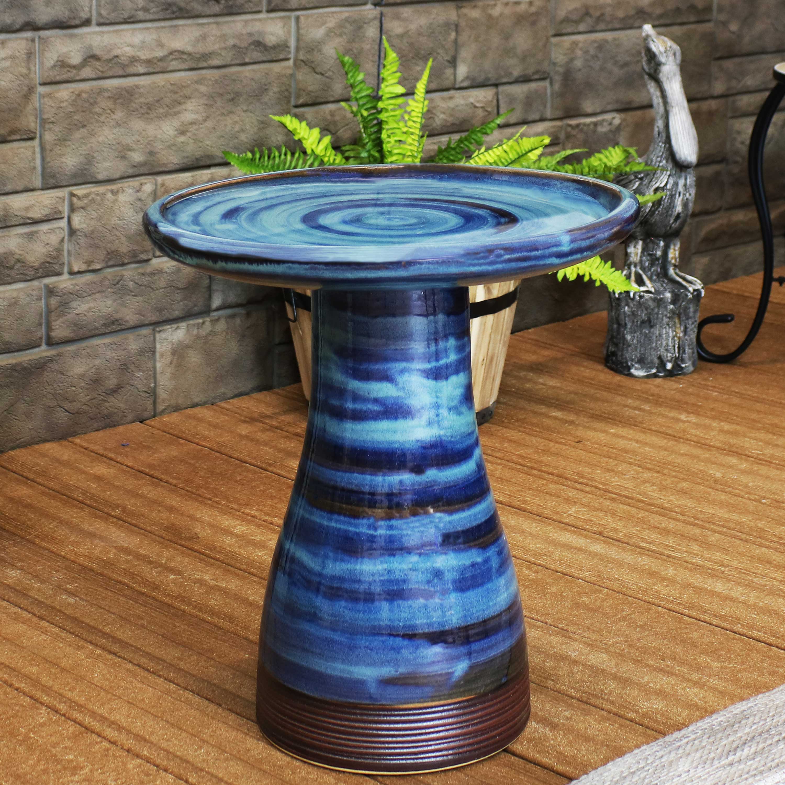 Alt View 5. Sunnydaze - Duo-Tone Outdoor Glazed Ceramic Bird Bath - 21 in - Galaxy Blue.