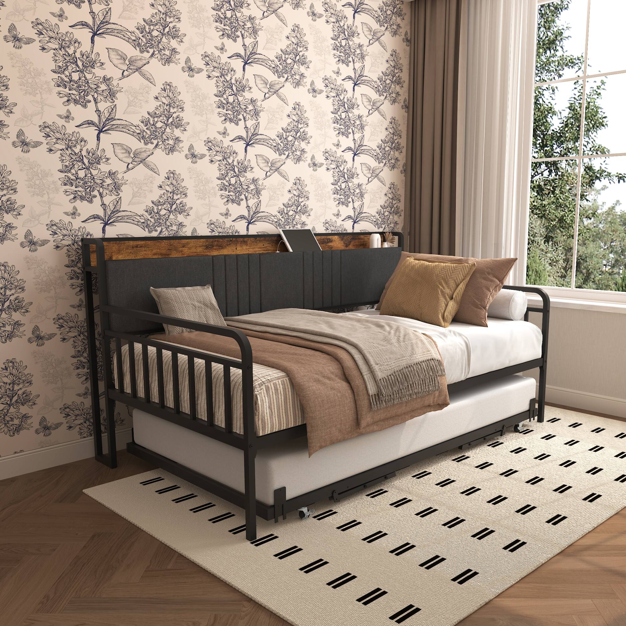 Alt View 2. GOODSILO - Sturdy Twin Daybed with Upholstered Headboard Built-in Charging Station and RGB Lighting for Versatile Use - Black+Brown+Grey.