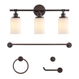 Jonathan Y - Egan 23.25" 3-Light Vanity Light with Frosted Glass Shades and Bathroom Accessory Set, Oil Rubbed Bronze (5-Piece) - Oil-Rubbed Bronze