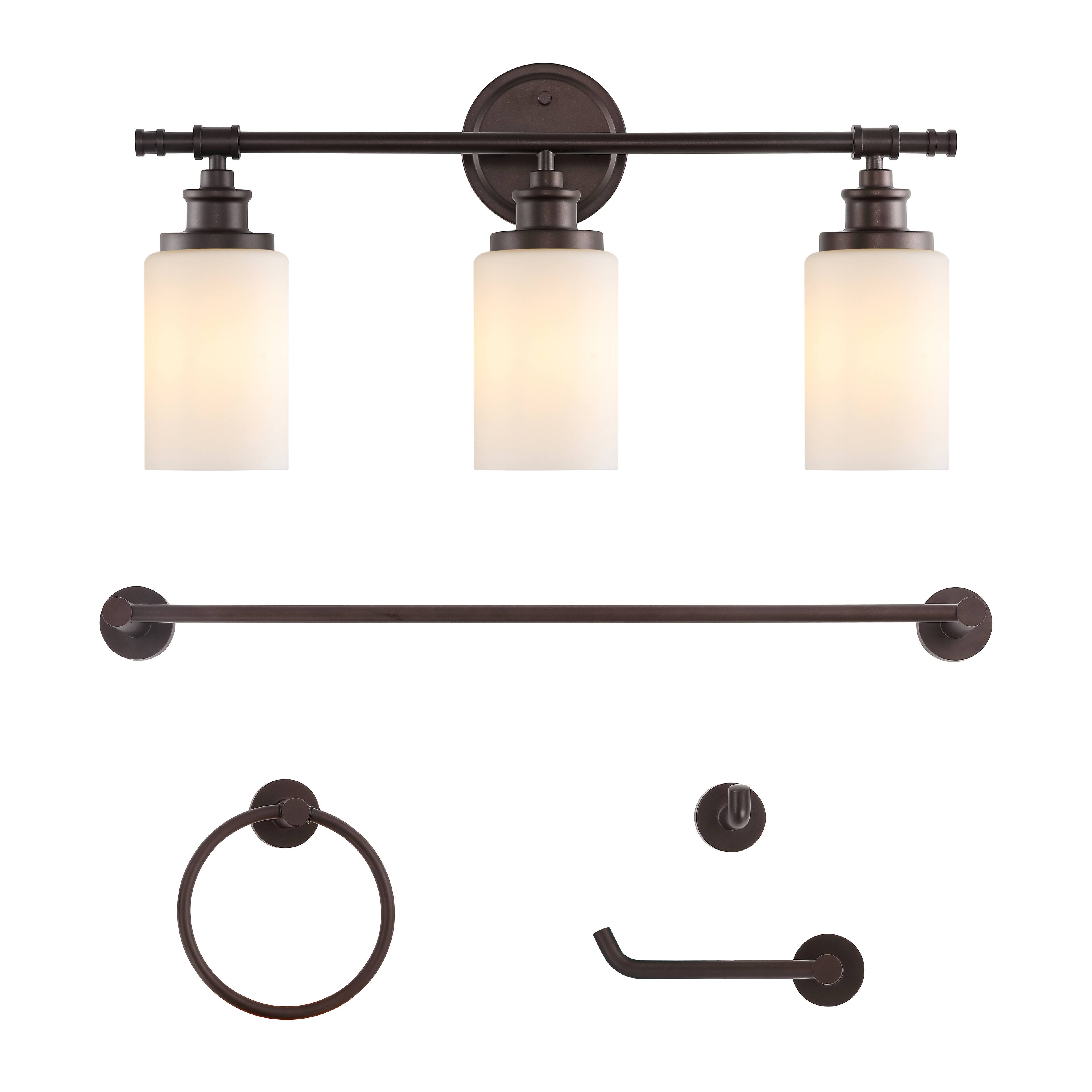 Front. Jonathan Y - Egan 23.25" 3-Light Vanity Light with Frosted Glass Shades and Bathroom Accessory Set, Oil Rubbed Bronze (5-Piece) - Oil Rubbed Bronze.