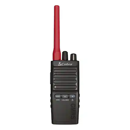 The image features a black and red radio, specifically a Cobra radio, with a red antenna. The radio is designed for GMRS communication and has a menu code for call/monitor functions.