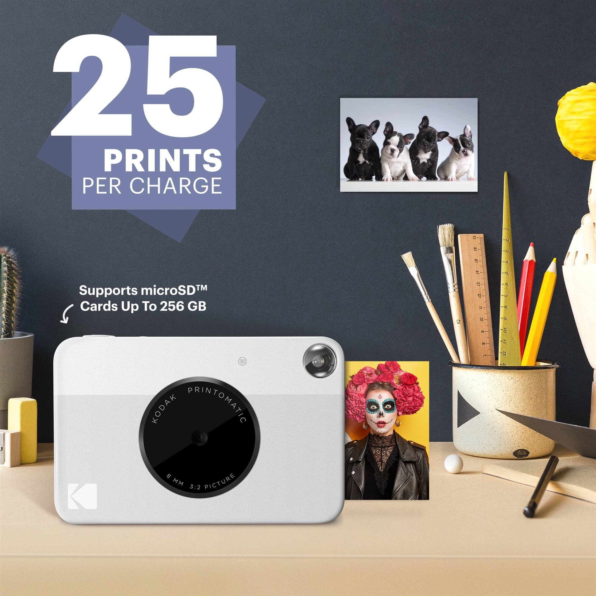 25 PRINTS PER CHARGE - a - 1 - . - A  microSDTM TM Supports Cards Up To 256 GB 2 4 1 - 2 - + 1  - F -  KODAK PRINTOMATIC a d a M PICTURE 3:2