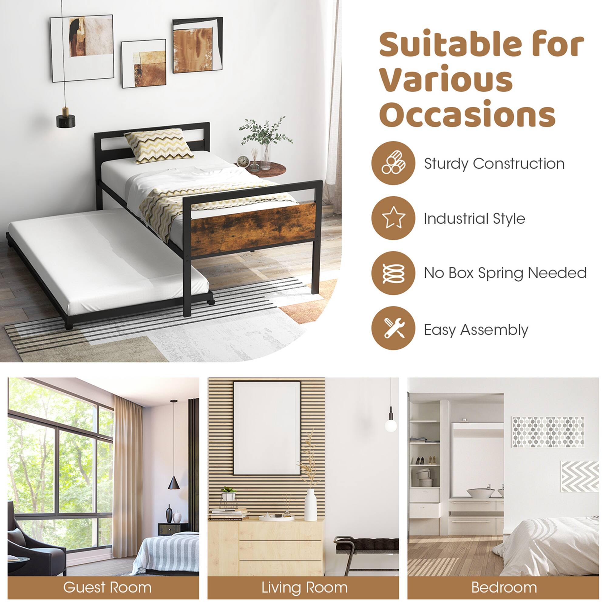 Alt View 5. Costway - Costway Twin Metal Daybed with Trundle Lockable Wheels Heavy Duty Metal Slats Support - Rustic Brown,Black.