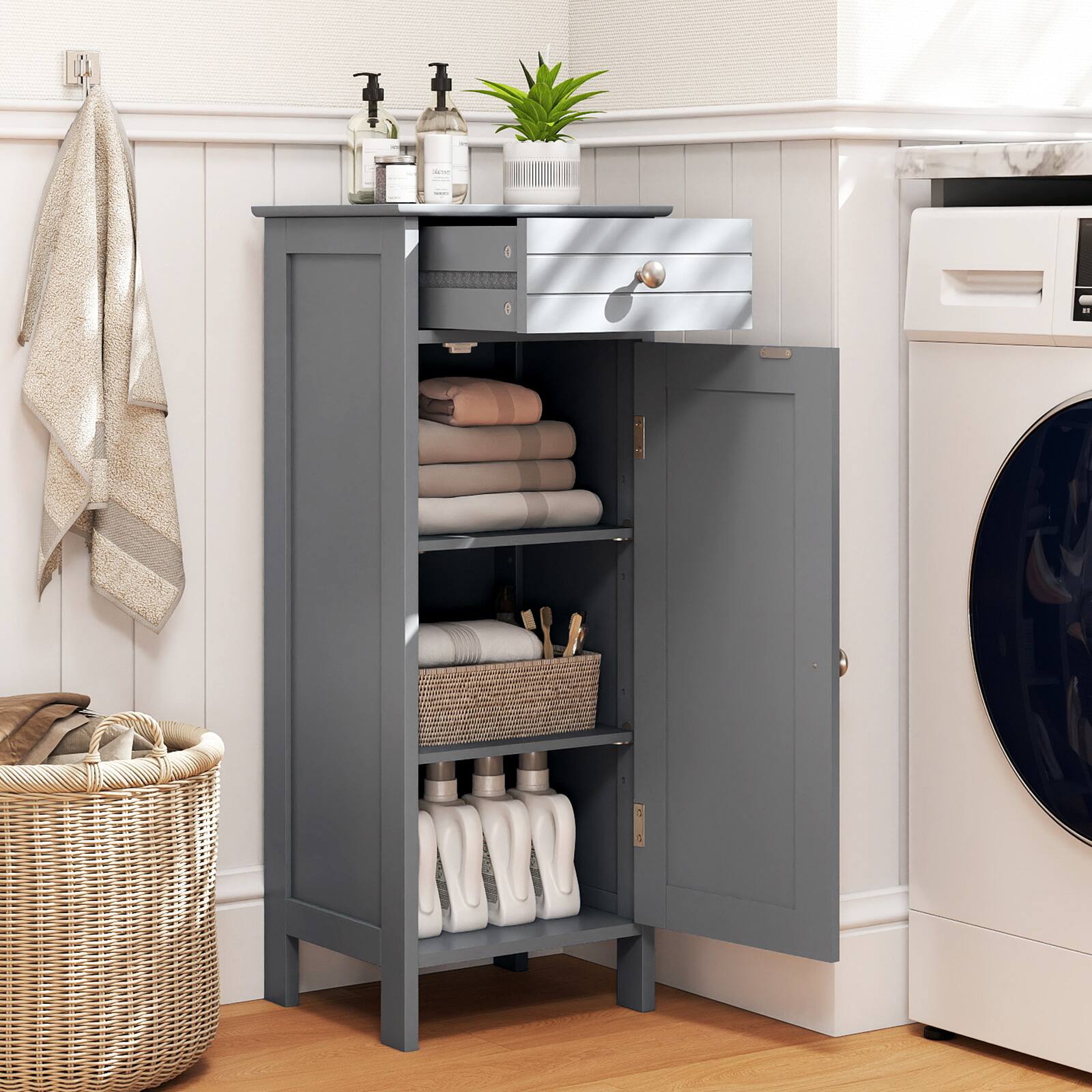 Alt View 3. Costway - Costway Bathroom Storage Floor Cabinet Organizer Free-Standing w/ Drawer - Gray.