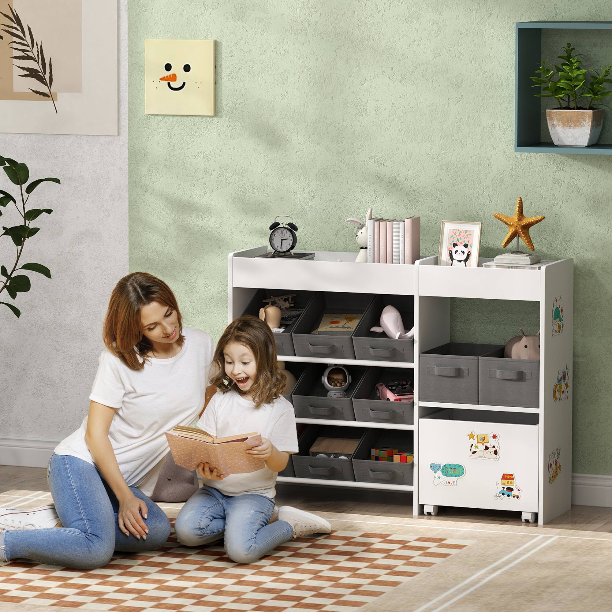 Angle. Qaba - Toy Storage Organizer with 6 Shelves and 11 Fabric Bins, Moveable Cabinet and 3 Stickers, Kids Bookcase - White.