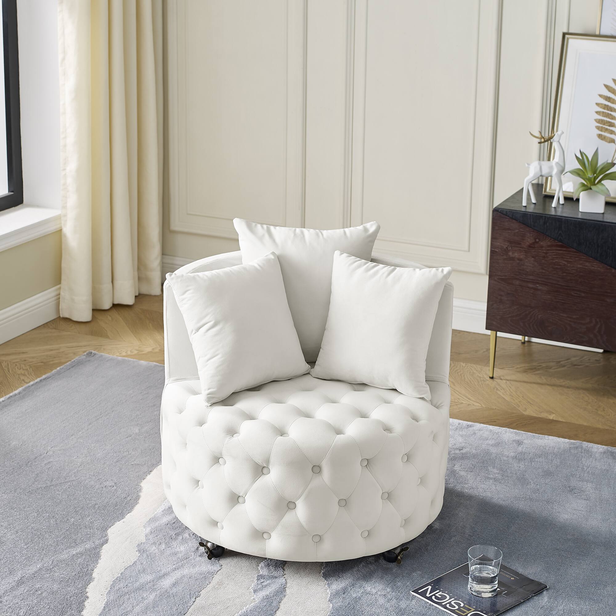 Back. Trinkets Crazed - Velvet Upholstered Swivel Chair for Living Room, with Button Tufted Design and Movable Wheels, Including 3 Pillows - Beige.