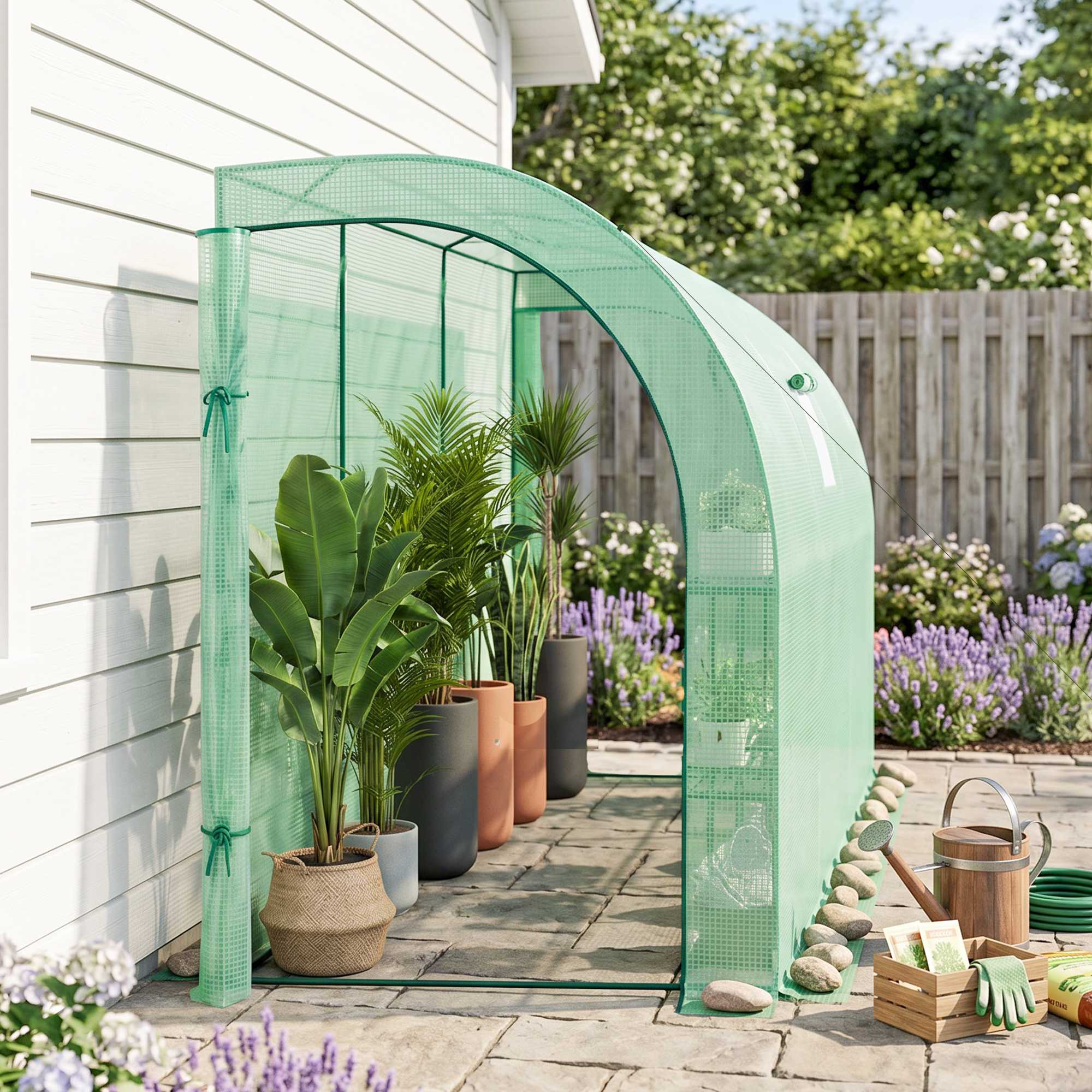 Alt View 1. Outsunny - x 5' x 7' Lean to Greenhouse, Walk-In Green House, Plant Nursery with 2 Roll-up Doors and Windows.