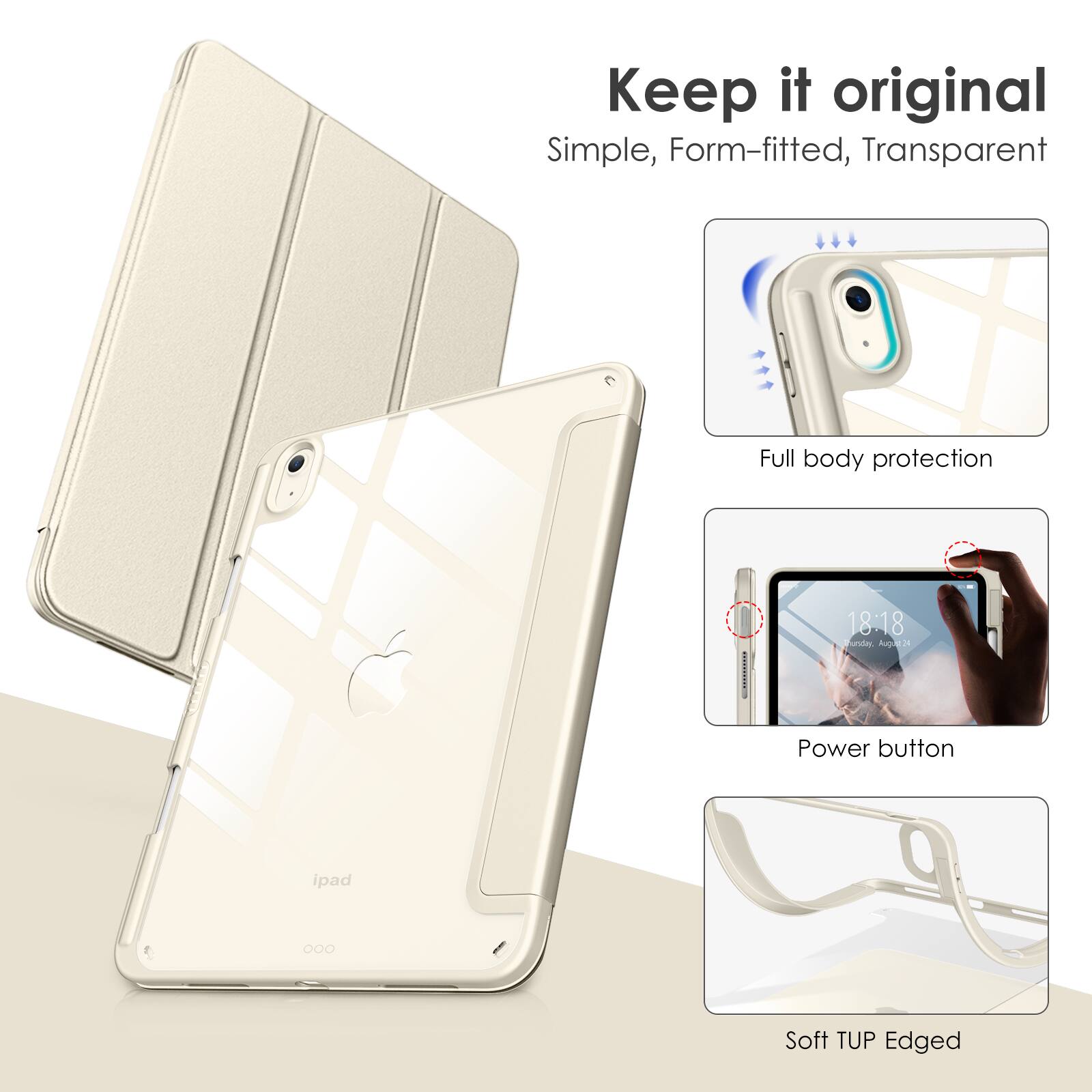 Keep it original  
Simple, Form-fitted, Transparent  

Full body protection  

Power button  

Soft TUP Edged