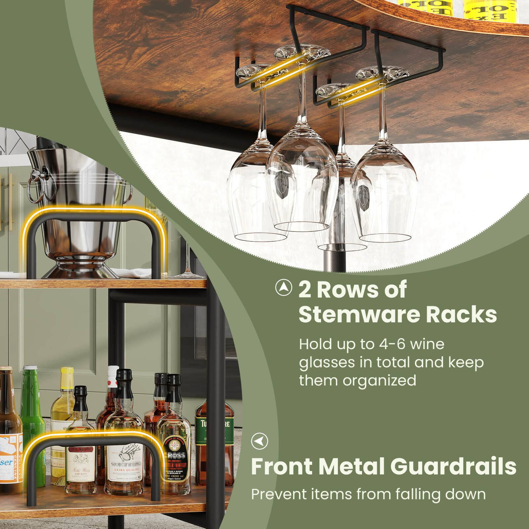 2 Rows of Stemware Racks: Hold up to 4-6 wine glasses in total and keep them organized.

Front Metal Guardrails: Prevent items from falling down.