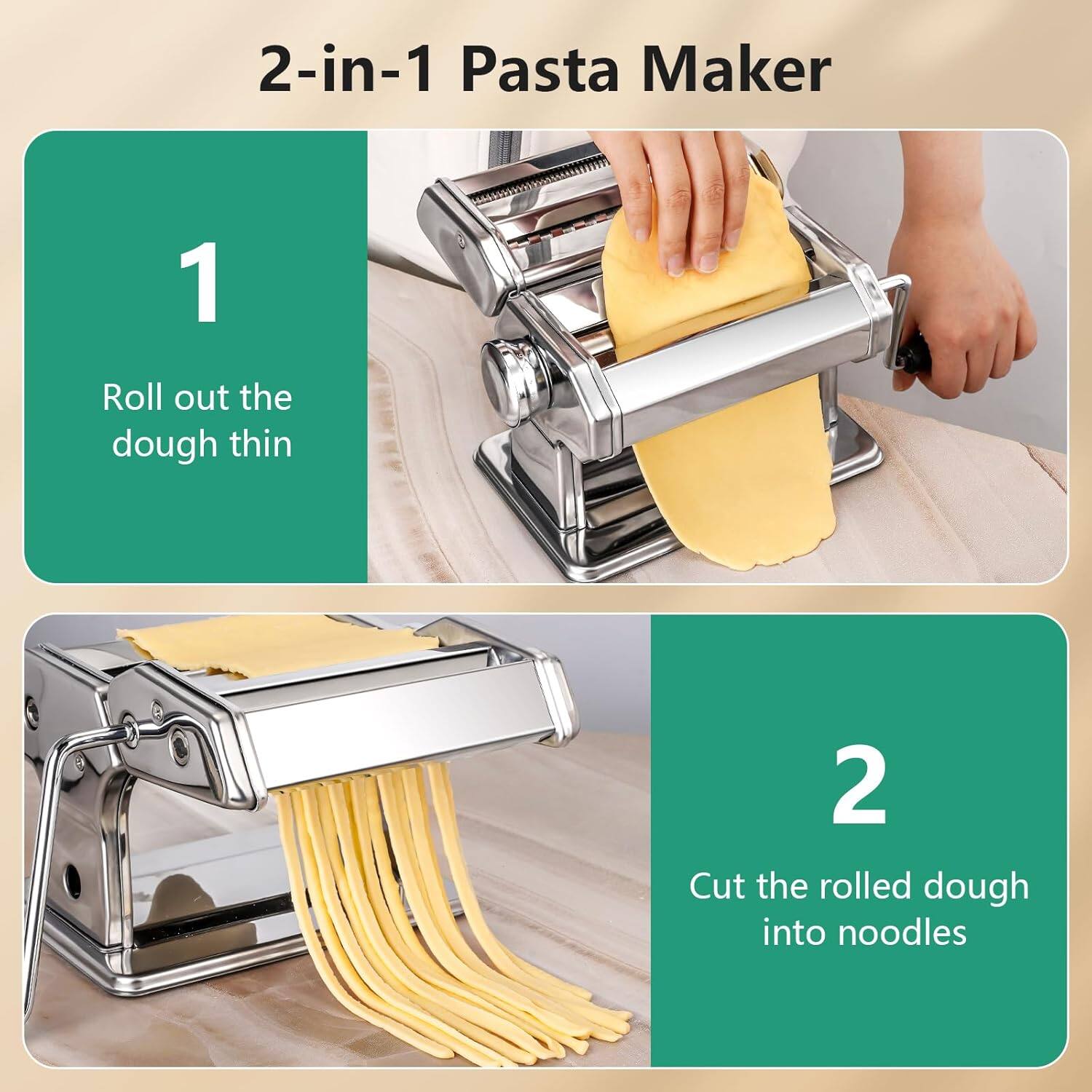 2-in-1 Pasta Maker

1. Roll out the dough thin

2. Cut the rolled dough into noodles