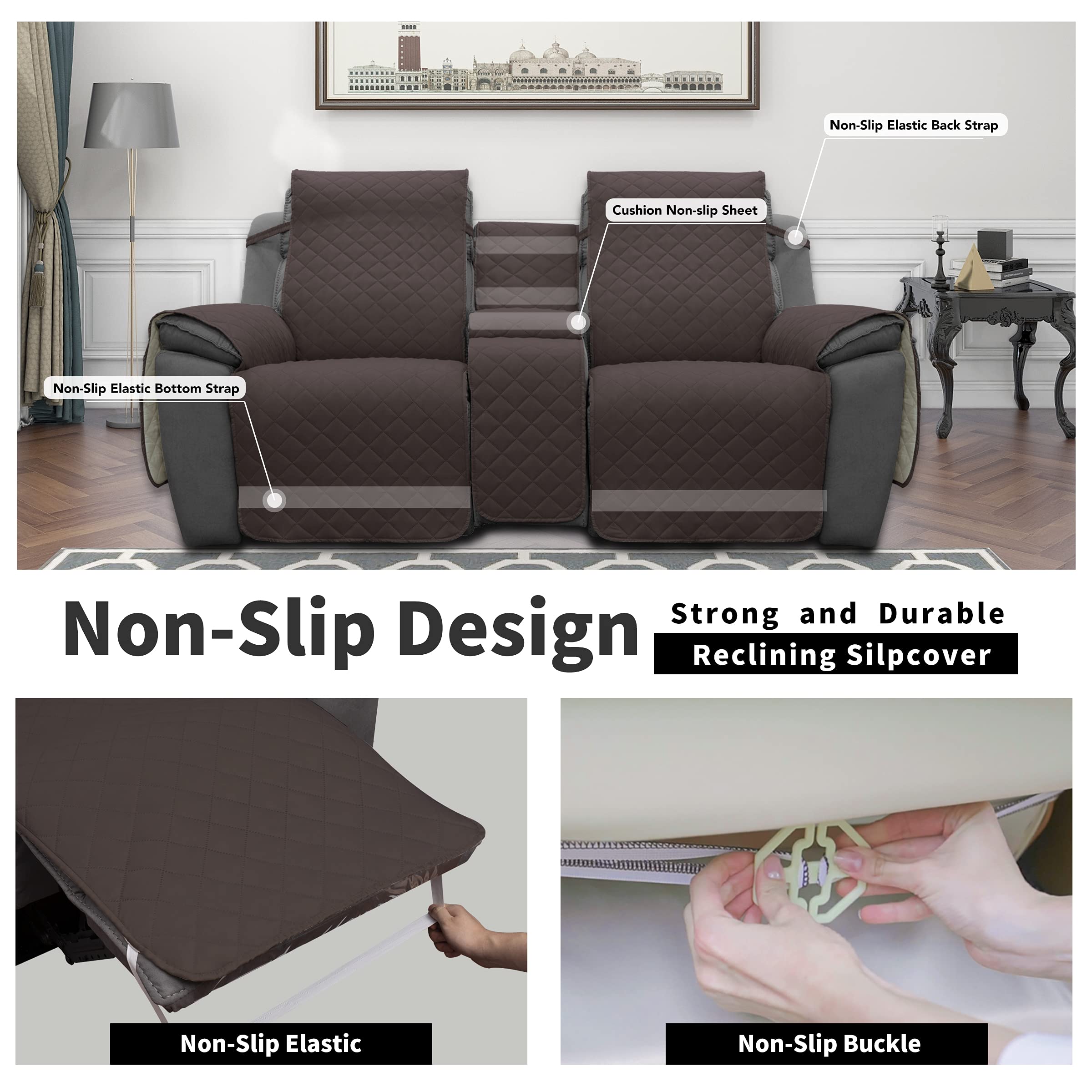 Non-Slip Design  
Strong and Durable Reclining Silpcover  

- Non-Slip Elastic Bottom Strap  
- Non-Slip Elastic Back Strap  
- Cushion Non-slip Sheet  
- Non-Slip Elastic  
- Non-Slip Buckle