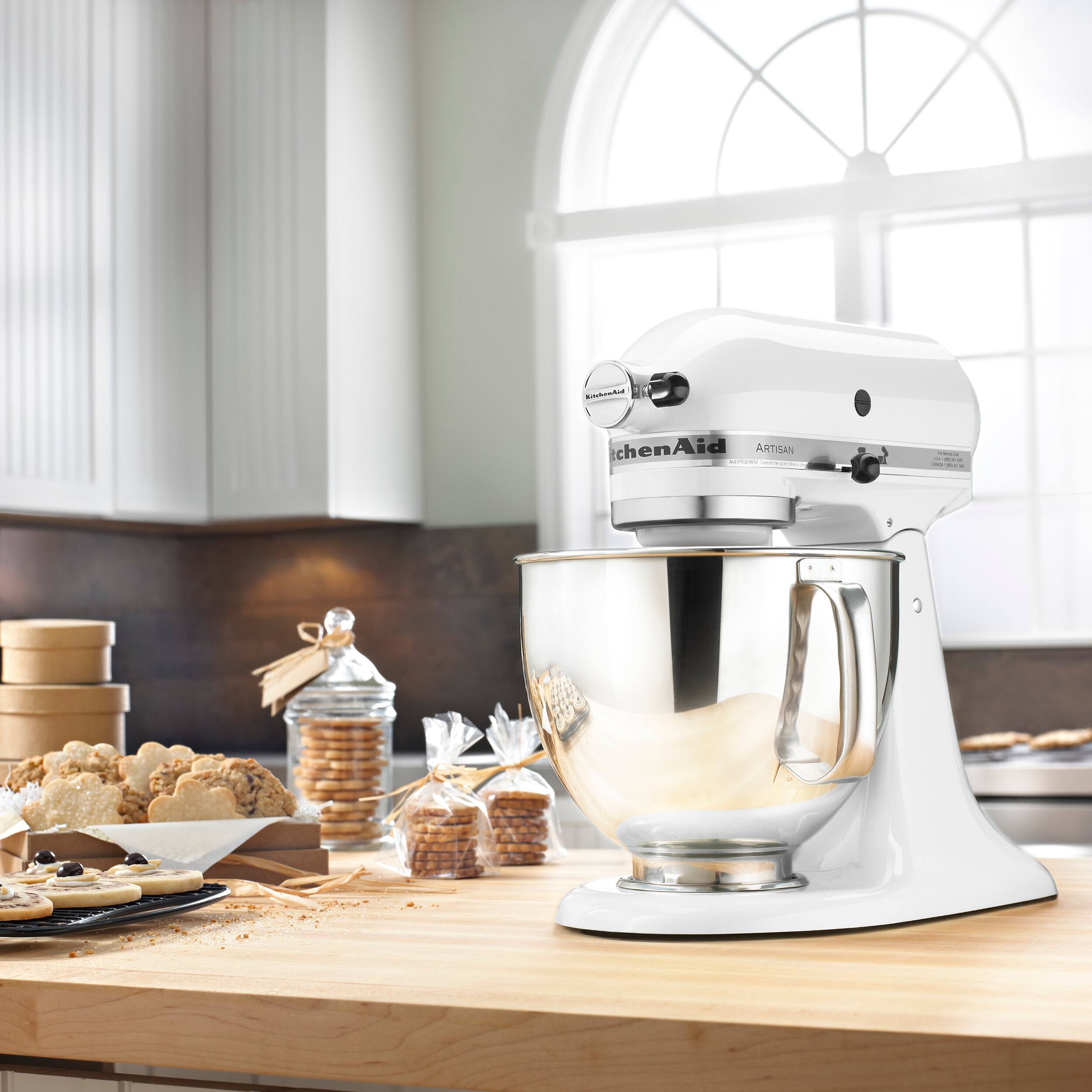 Left. KitchenAid - KitchenAid Artisan Series 5 Quart Tilt-Head Stand Mixer - KSM150PSWH - White.