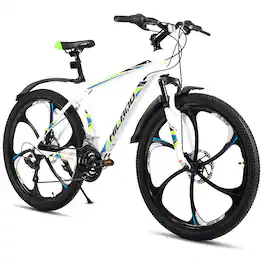 HILAND - 26" Mountain Bike for Men Women Adults, 18-Speed, Disc Brake, Lightweight Aluminum Frame, 6-Spoke MTB - White