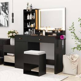 Costway - Vanity Set Dressing Table and Chair Set with 3 Lighting Modes & Mirror and Lights - Black