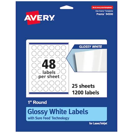 Go to avery.com/templates
AVERY
Use Avery Template Presta 94500
48 labels per sheet
25 sheets
1200 labels
1" Round Glossy White Labels with Sure Feed Technology for Laser/Inkjet
