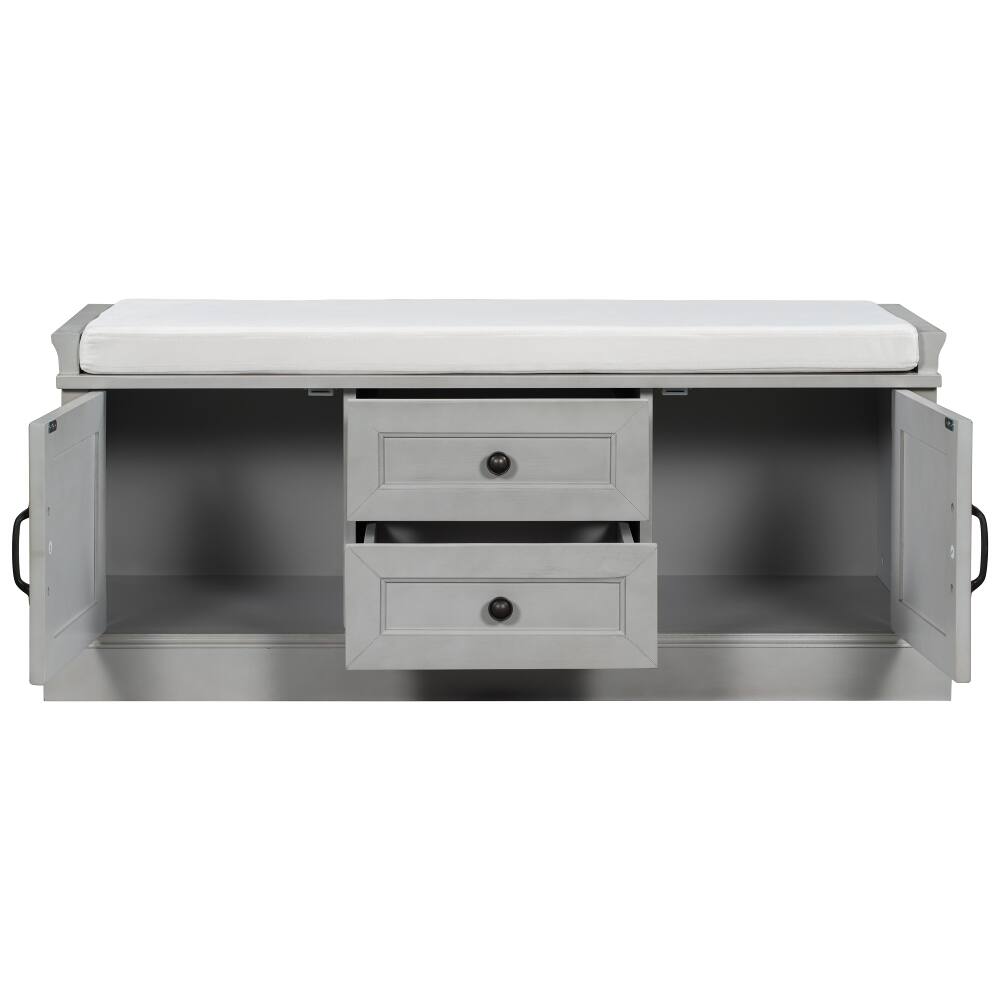 Alt View 1. Ropilly - Ropilly Gray Wash Storage Bench with Cushion, Entryway Shoe Bench with Drawers and Cabinets, Wooden Mudroom Seating - Gray Wash.
