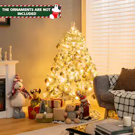 Gymax - Gymax4.5FT Pre-Lit Artificial Christmas Tree w/ 150 Warm White LED Lights Hinge - Green, White