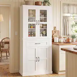 Aheaplus - 70.9" Tall Farmhouse Kitchen Pantry Cabinet with Glass Door, Drawer & Adjustable Shelves - White