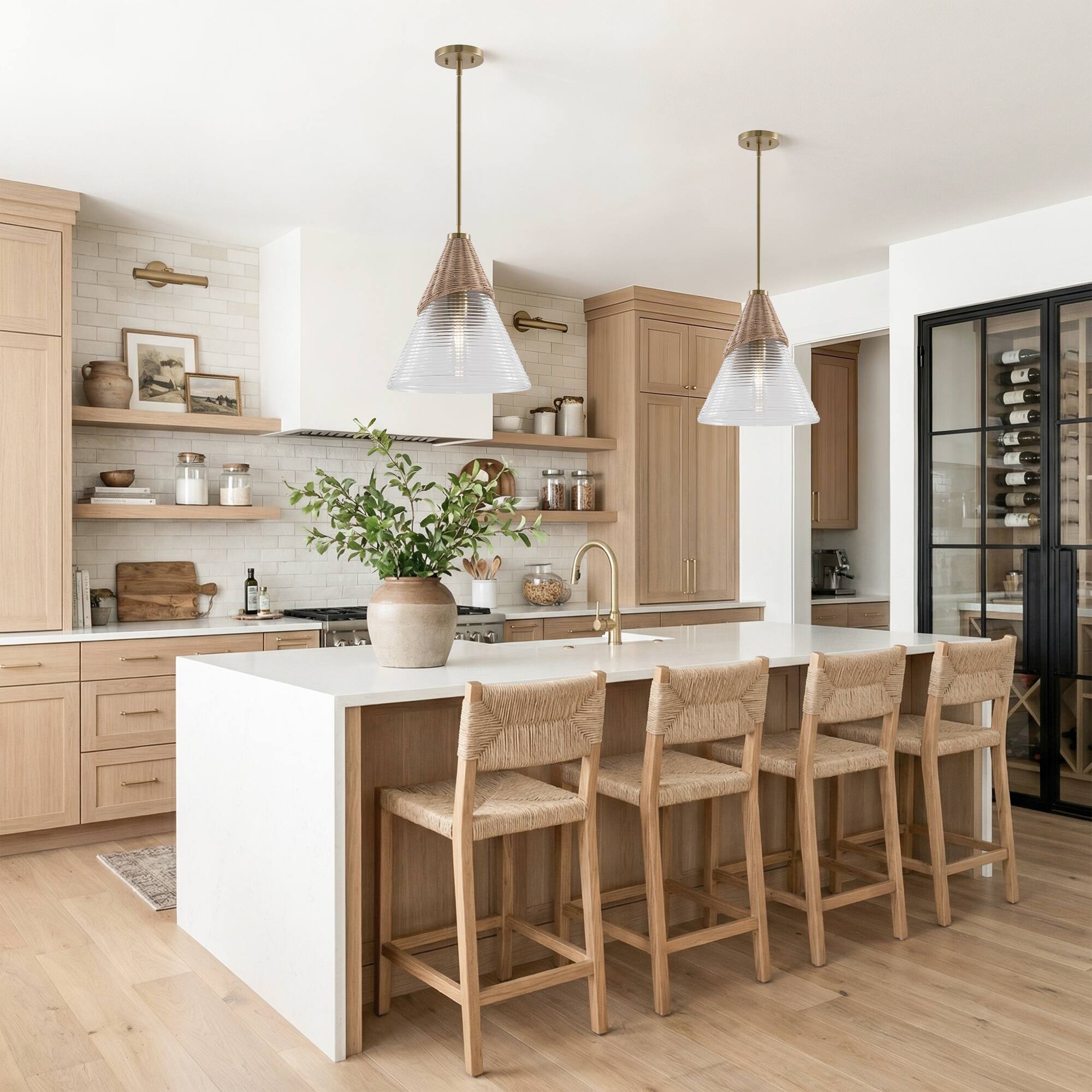 Left. Parrot Uncle - 1-Light Natural Modern Brass Hand-Woven Rattan Hanging Lamp Pendant Light - Brass.