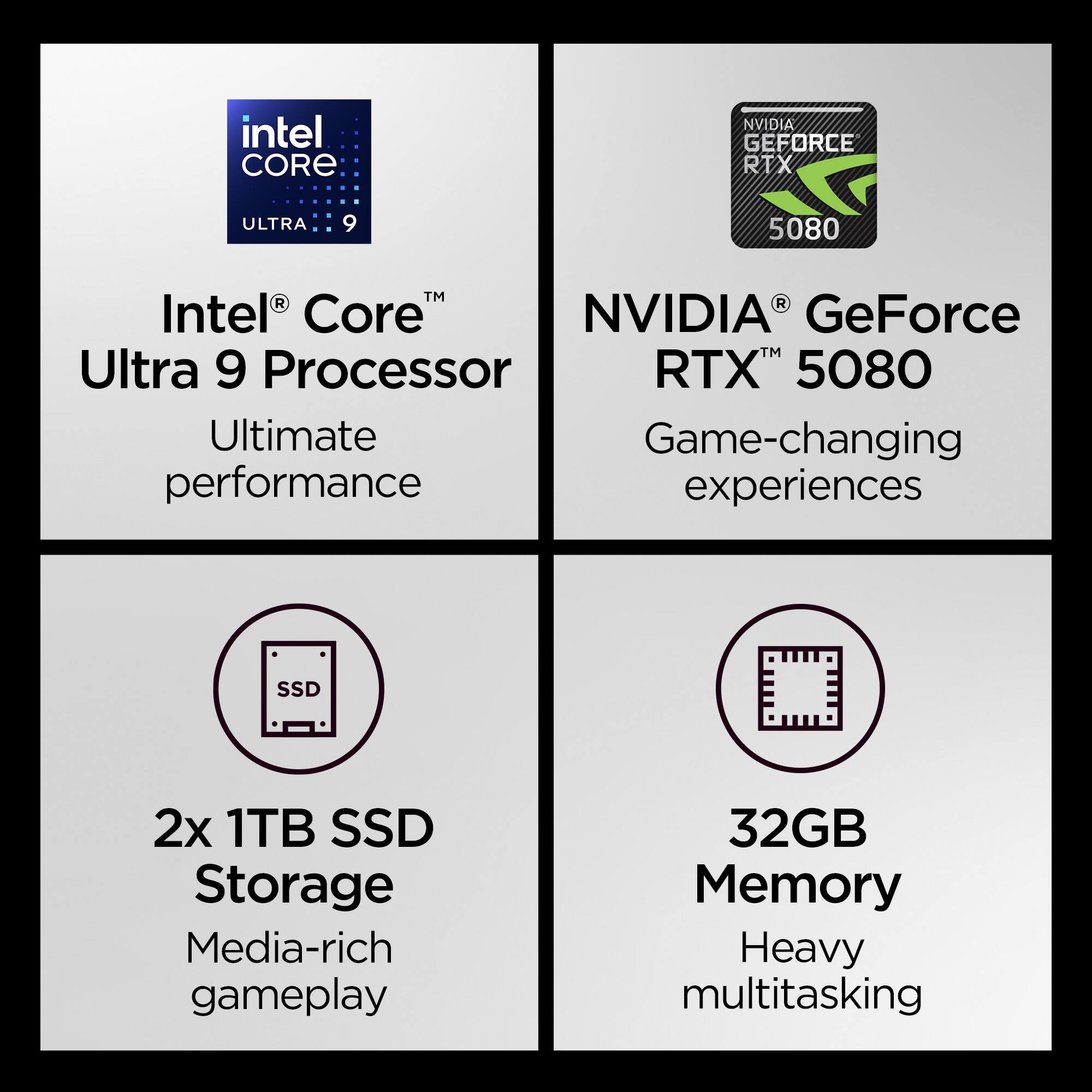 The text on the image is grouped and corrected as follows:

Intel Core Ultra 9 Processor
NVIDIA GeForce RTX 5080
Ultimate Game-changing performance experiences
2x 1TB SSD Storage
Media-rich gameplay
32GB Memory
Heavy multitasking