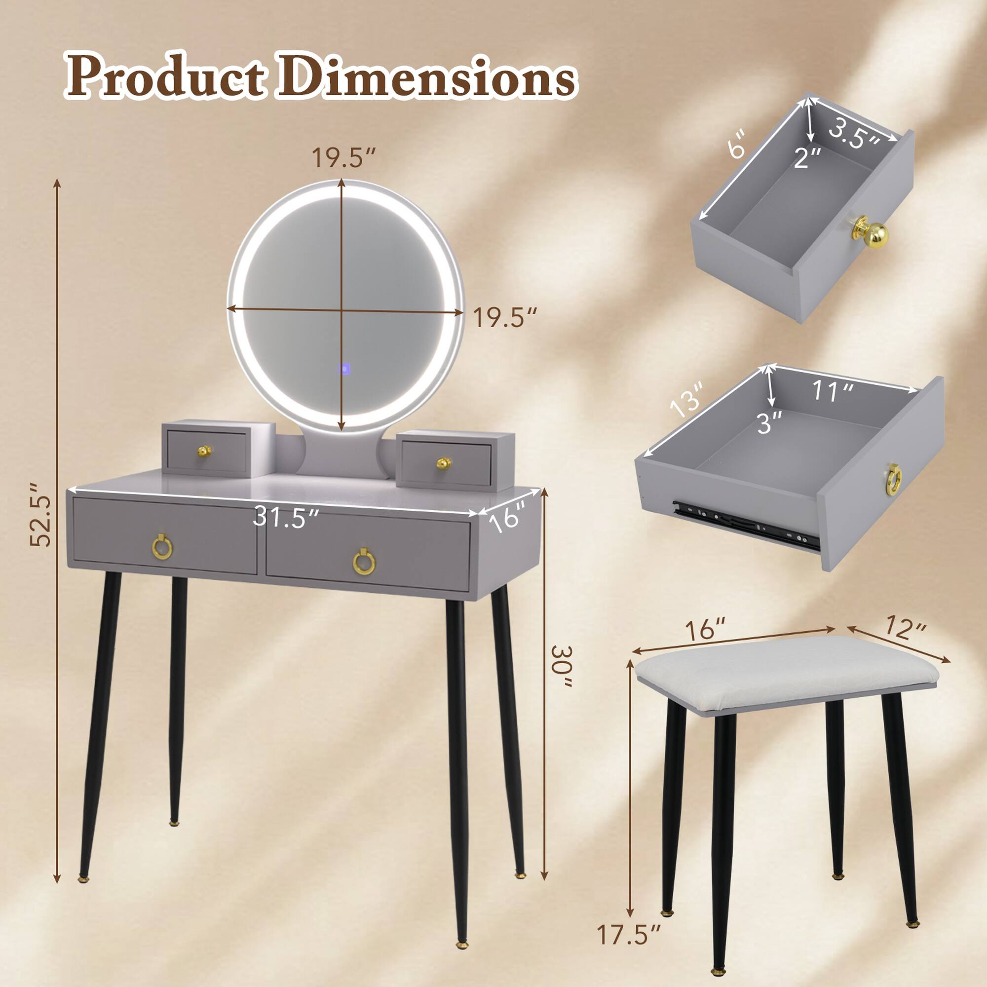Product Dimensions: 19.5", 6", 3.5", 2", 13", 3", 11", 52.5", 31.5", 16", 30", 12", 17.5"