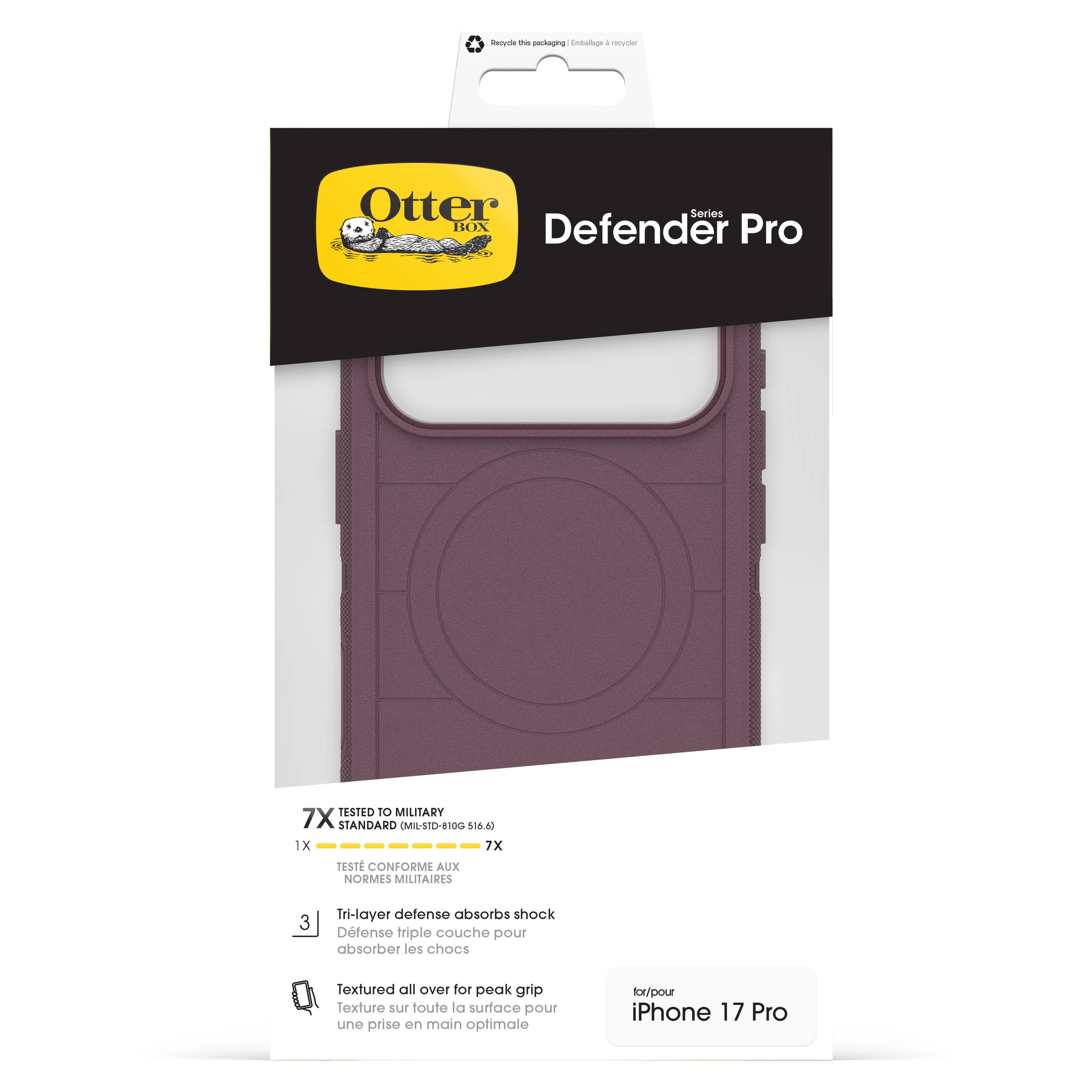 Sure, here is the corrected and grouped text from the image:

---

**Otter Box**

**Defender Pro**

**Series**

**7X TESTED TO MILITARY STANDARD (MIL-STD-810G 516.6)**

**1X 7X**

**TESTÉ CONFORME AUX NORMES MILITAIRES**

**3 Tri-layer defense absorbs shock**

**Défense triple couche pour absorber les chocs**

**Textured all over for peak grip**

**Texture sur toute la surface pour une prise en main optimale**

**for/pour iPhone 17 Pro**

---

**Recycle this package**