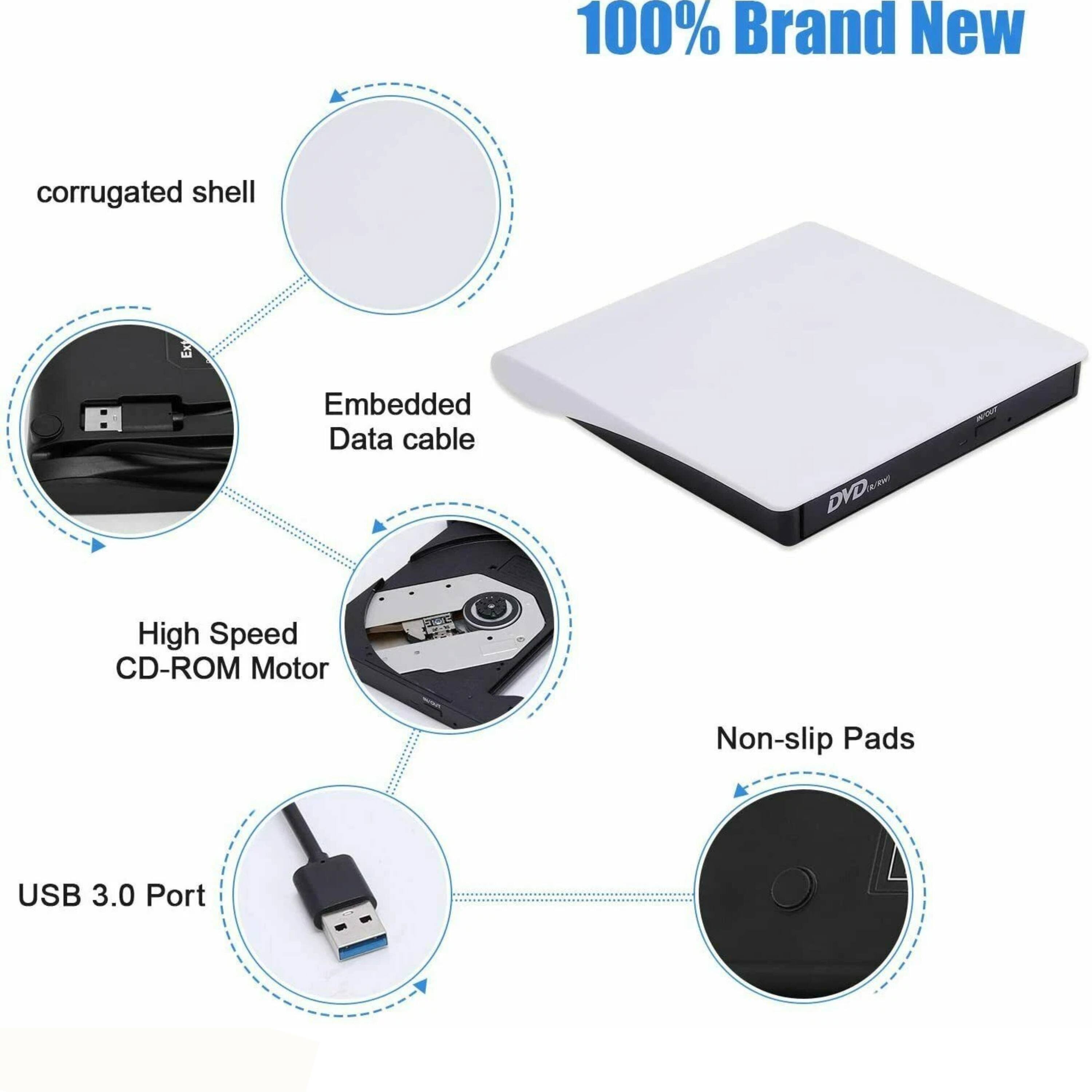 100% Brand New  
Corrugated Shell  
Embedded Data Cable  
High Speed CD-ROM Motor  
Non-slip Pads  
USB 3.0 Port