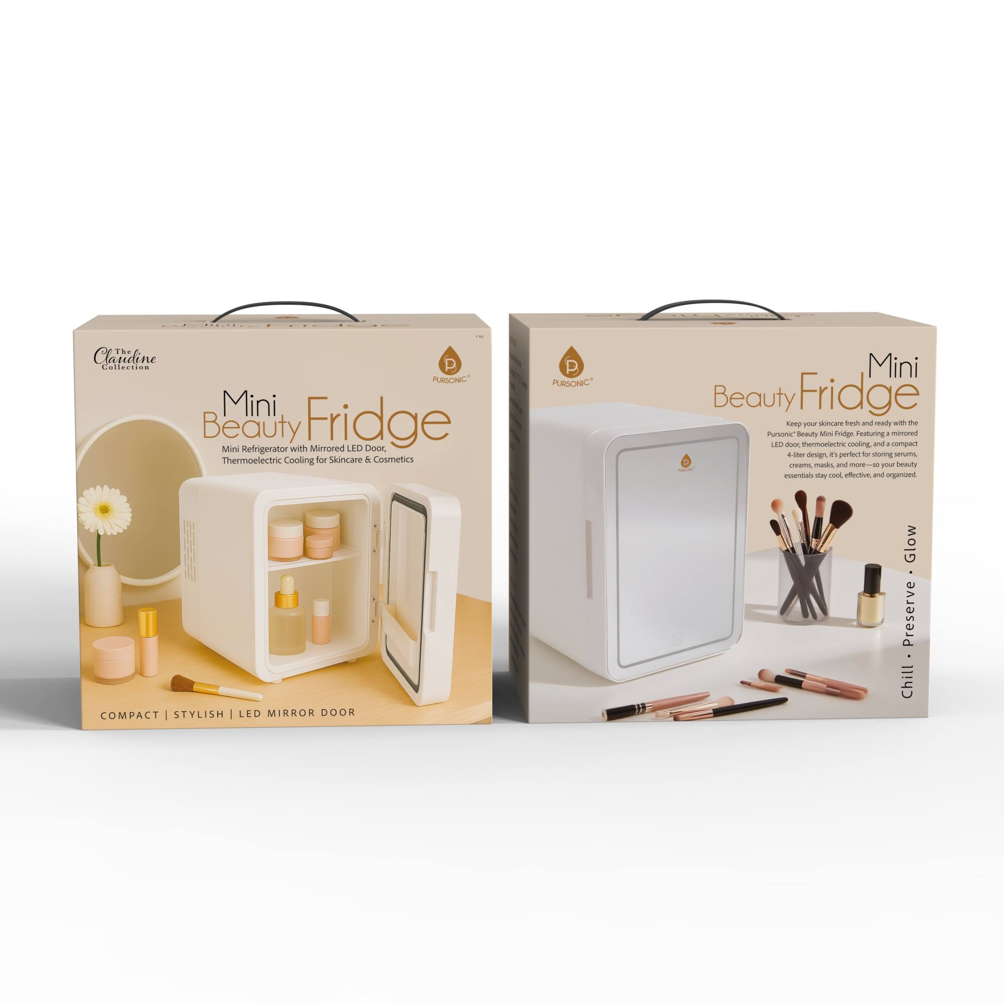 iee Cavidine Collection PURSONIC Mini Beauty Fridge with Fridge Mirrored LED Door Thermoelectric Cooling for Skincare & Cosmetics PURSONIC Mini Beauty Fridge Cmp 1. Featuring a compact, stylish LED mirror door, this mini fridge keeps your skincare and cosmetics cool, effective, and organized.