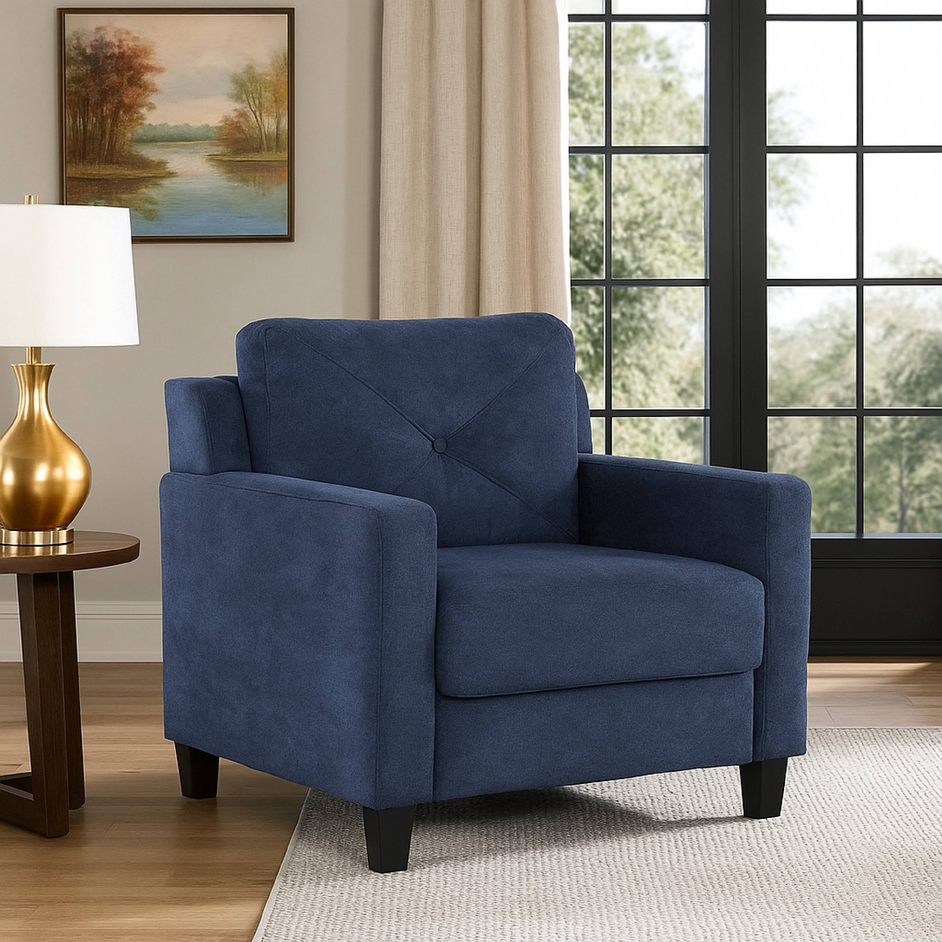 Alt View 5. Manhattan Lane - Royi Accent Chair, Track Armrest,  Fabric Seat with Tufted Backrest - Navy Blue, Black.