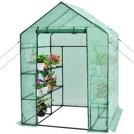 Gymax - Walk-in Greenhouse 56''x56''x77'' Gardening w/Observation Windows 2 Tier 8 Shelves - Green