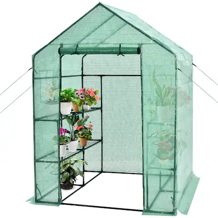 Front. Gymax - Gymax Walk-in Greenhouse 56''x56''x77'' Gardening w/Observation Windows 2 Tier 8 Shelves - Green.