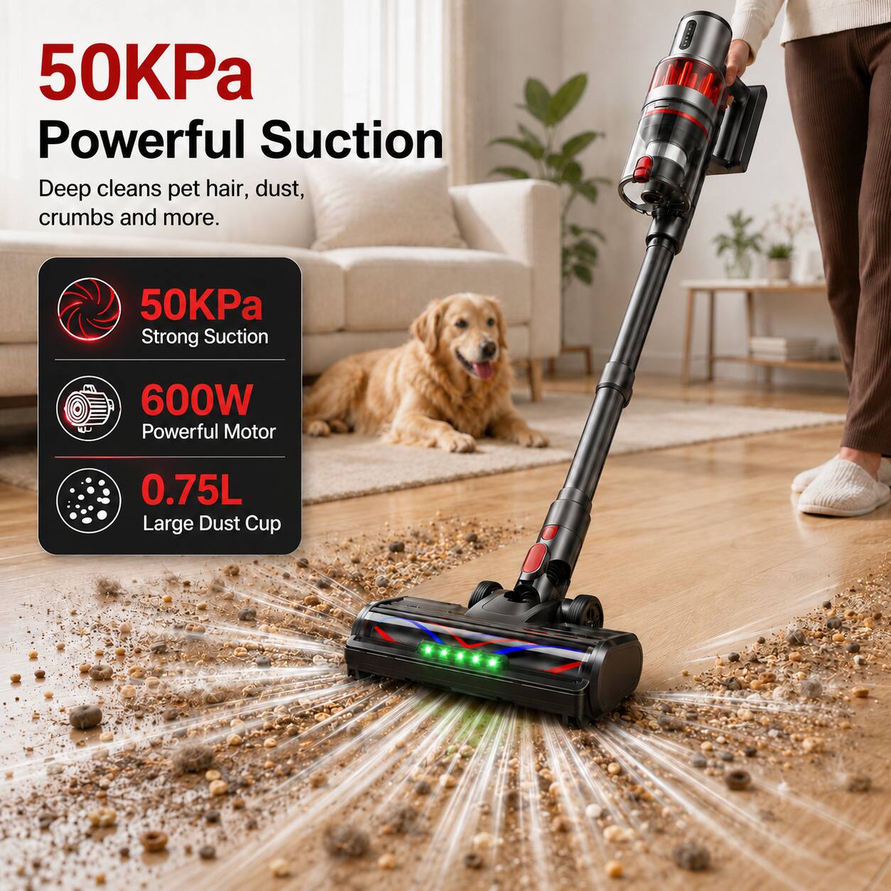 50KPa Powerful Suction  
Deep cleans pet hair, dust, crumbs and more.  
50KPa Strong Suction  
600W Powerful Motor  
0.75L Large Dust Cup
