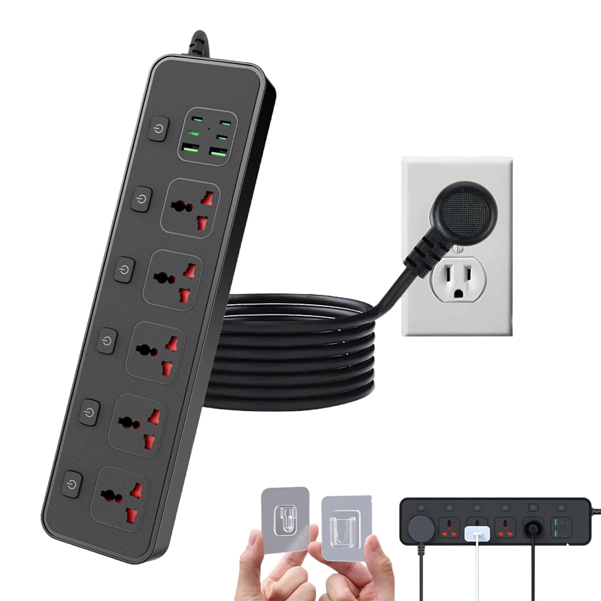 Front. Dazzed Corner - Flat Plug Power Strip, 6ft Extension Cord with 5 Outlets and 2 USB 4 USB C Ports - Black.