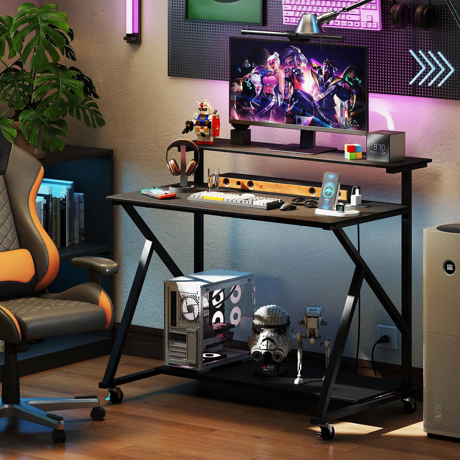 Alt View 4. Costway - Costway Rolling Computer Desk with Charging Station Monitor Stand Storage Shelf for Writing - Black.