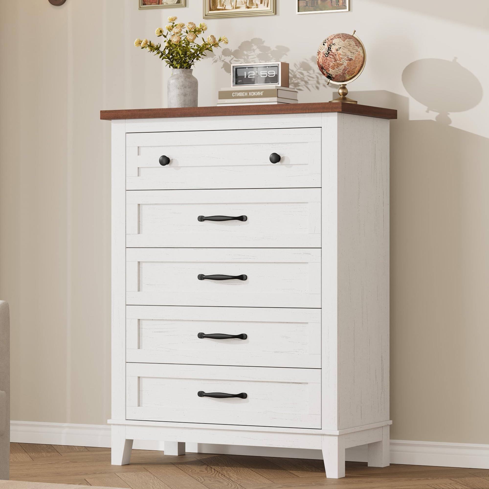Jojoka - 5 Drawer Dresser for Bedroom, Tall Freestanding Chest with Wood Frame and Vertical Storage - Brown+White