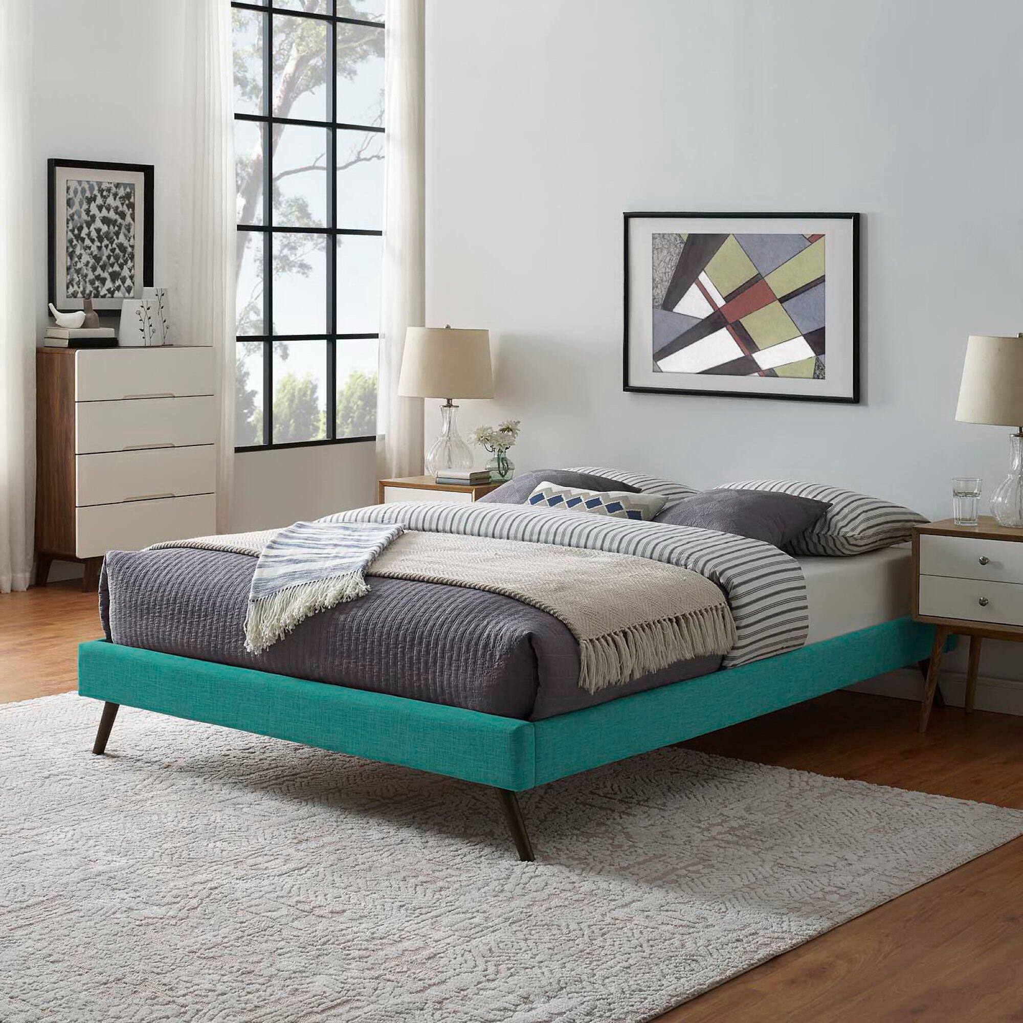 Alt View 2. Modway - Tessie Fabric Queen Bed Frame with Squared Tapered Legs - Blue.