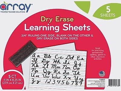 Array  
Trusted Teacher Solutions  

Dry Erase Learning Sheets  
3/4" Ruling One Side, Blank on the Other & Dry Erase on Both Sides  

5 Sheets  
5 CT  
11 IN X 8.25 IN (27.9 cm X 21 cm)  

Great for practicing penmanship, spelling games & other classroom activities  

Aa Bb Cc Dd Ee Ff Gg Hh Ii Jj Kk Ll Mm Nn Oo Pp Qq Rr Ss Tt Uu Vv Ww Xx Yy Zz 123456789  

Made in USA