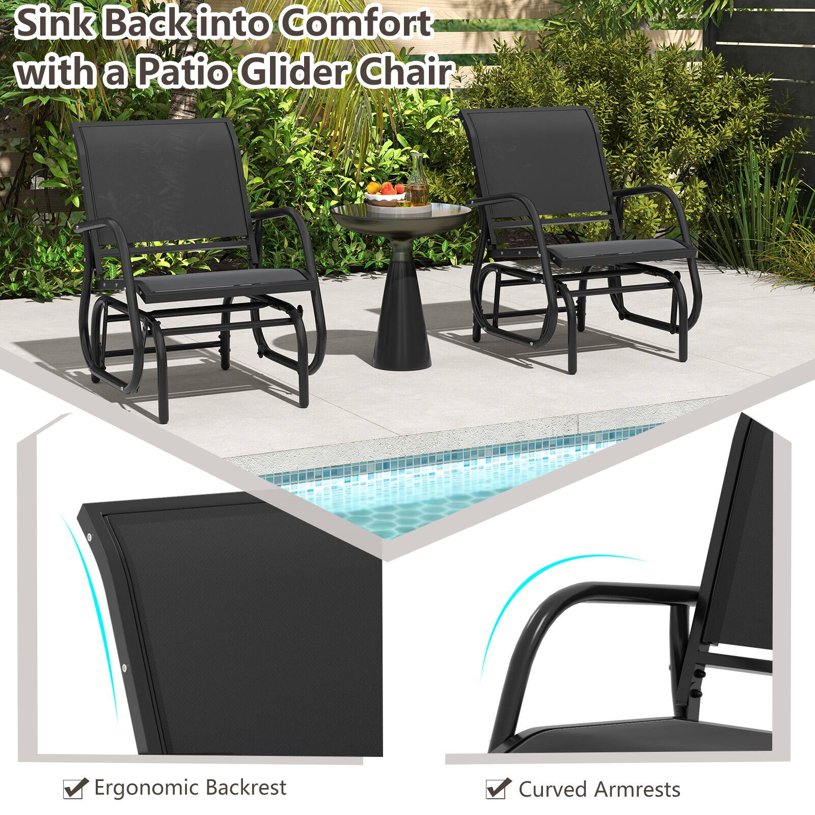 Sink Back into Comfort with a Patio Glider Chair

- Ergonomic Backrest
- Curved Armrests