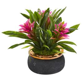 BreeBe - 11" Bromeliad Artificial Plant in Stoneware Planter - Purple