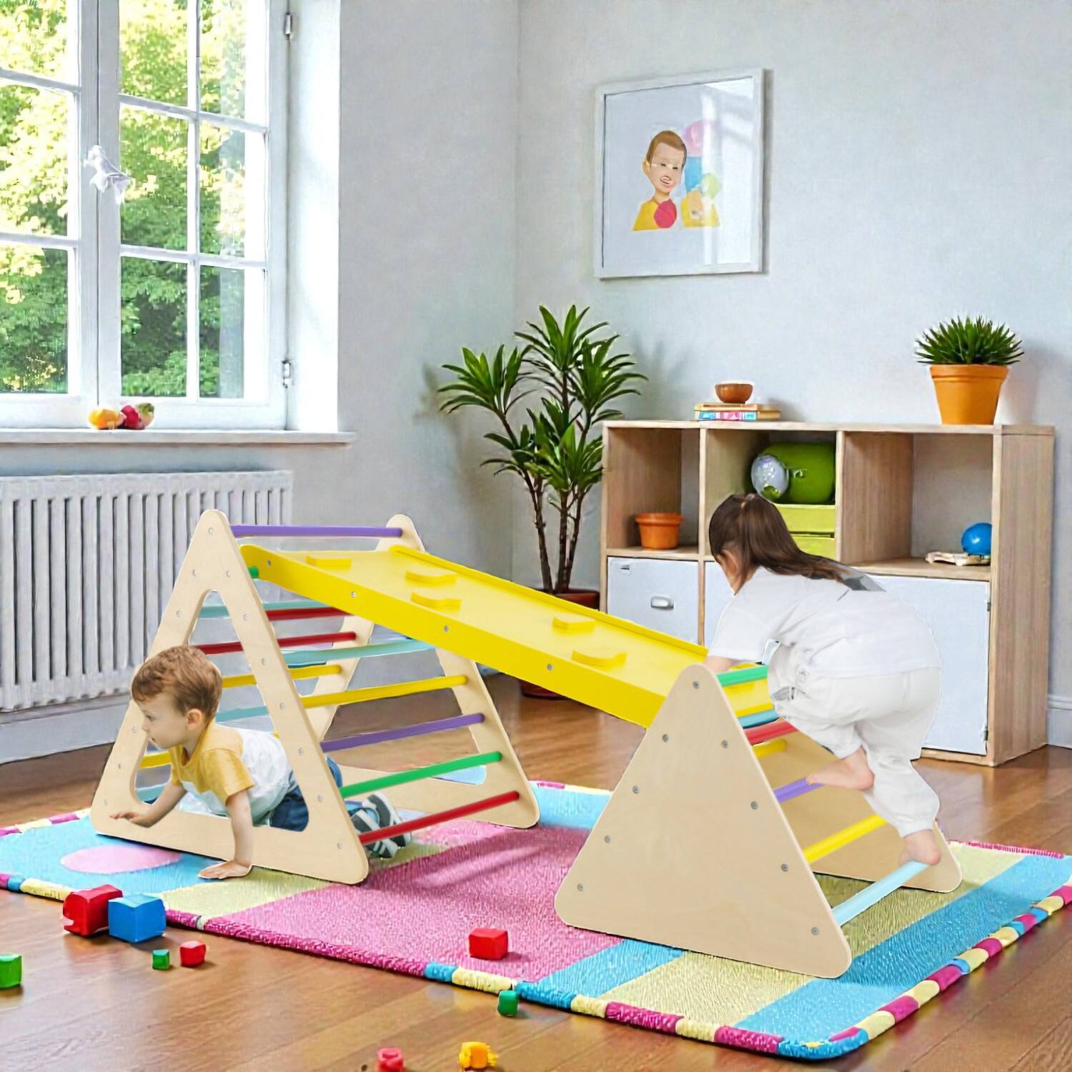 Front. BreeBe - Montessori-Inspired 3-Piece Climber Set with Dual Triangles and Reversible Ramp - Multicolor.